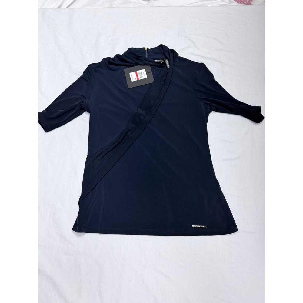 Halston Womens Navy Blue Draped Crossover Mock Neck Top HS4K7BEN Size XS NWT